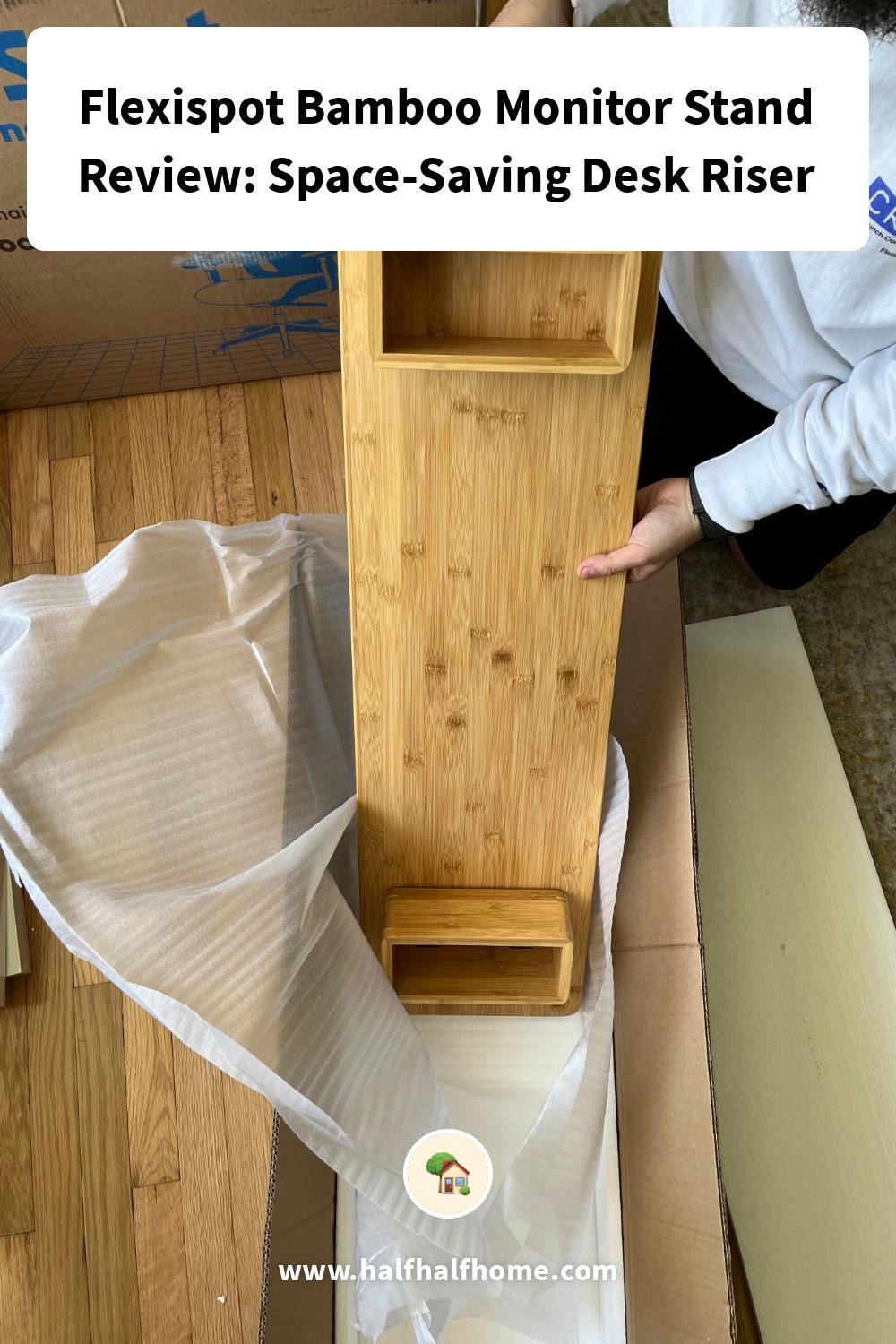 Pinterest image from the 'Flexispot Bamboo Monitor Stand Review: Space-Saving Desk Riser' article on Half Half Home