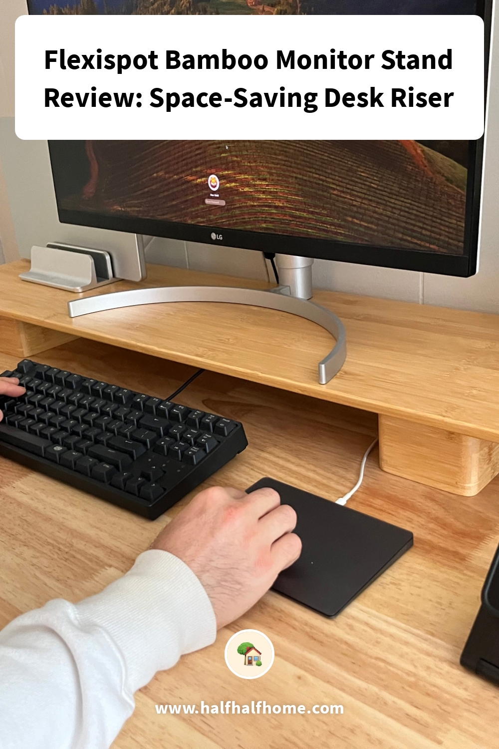 Pinterest image from the 'Flexispot Bamboo Monitor Stand Review: Space-Saving Desk Riser' article on Half Half Home