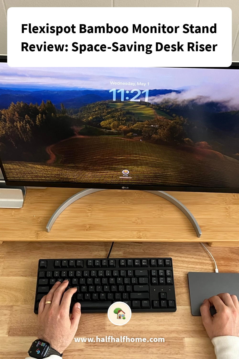 Pinterest image from the 'Flexispot Bamboo Monitor Stand Review: Space-Saving Desk Riser' article on Half Half Home
