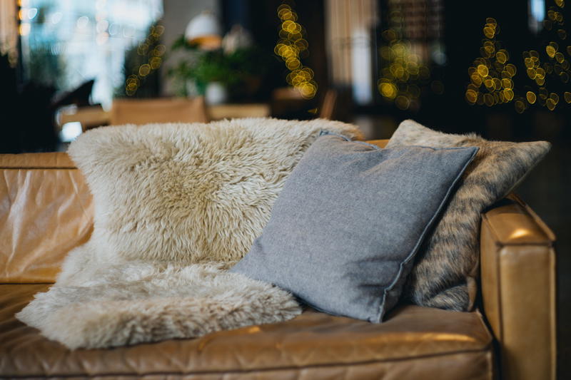 Two pillows on a leather couch in a living room.